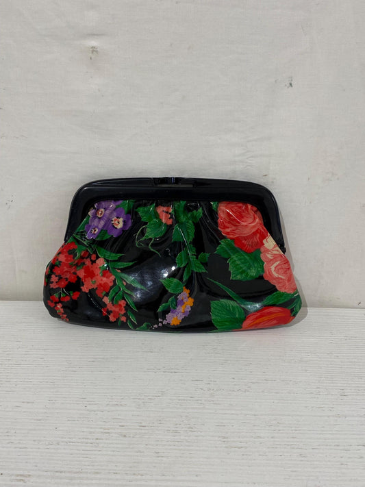 Pochette vintage anni '70 28x18 cm  Borsetta nera lucida con fiori dipinti a mano  Marchio Fenicottero originale