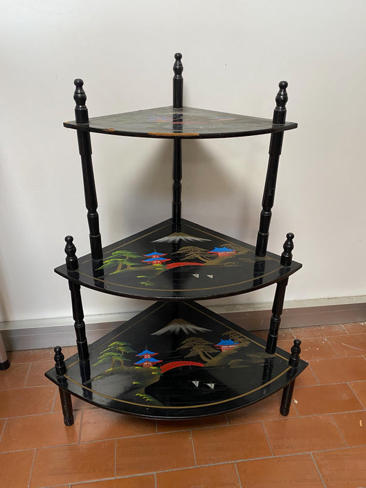 Mobile ad angolo vintage a tre piani con decori orientali - Scaffale smontabile, stile orientale 67hx43x35 cm