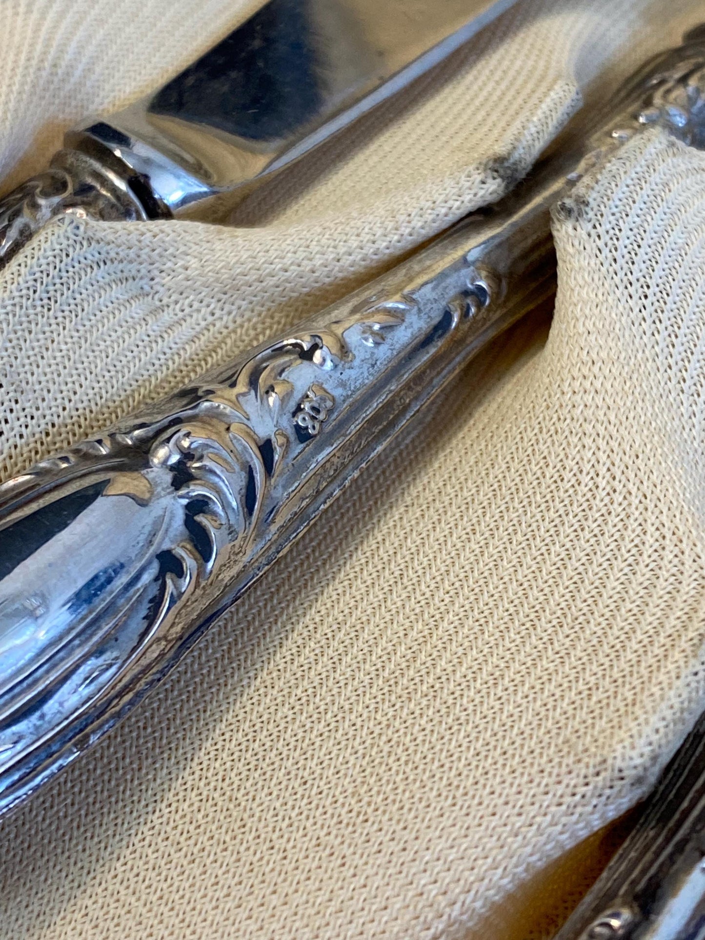 Set 12 posate da dessert vintage in argento 800 con scatola Coltelli e forchette ornate 18 cm Posate depoca da collezione