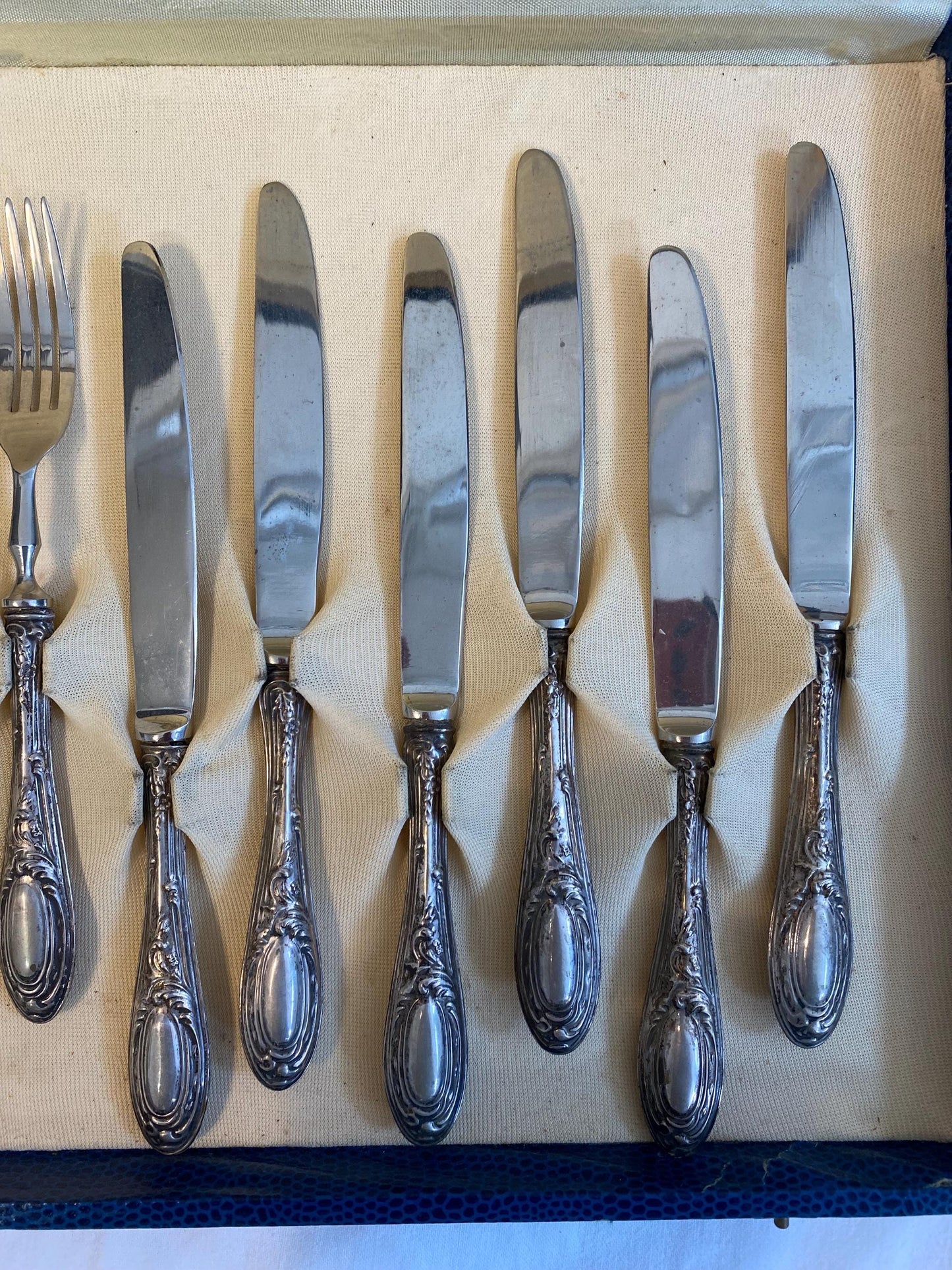 Set 12 posate da dessert vintage in argento 800 con scatola Coltelli e forchette ornate 18 cm Posate depoca da collezione