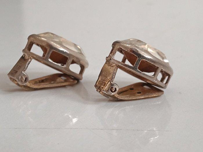 Orecchini vintage a clip in argento 925 con cristallo sfaccettato anni '50 made in Italy, 7,65 g