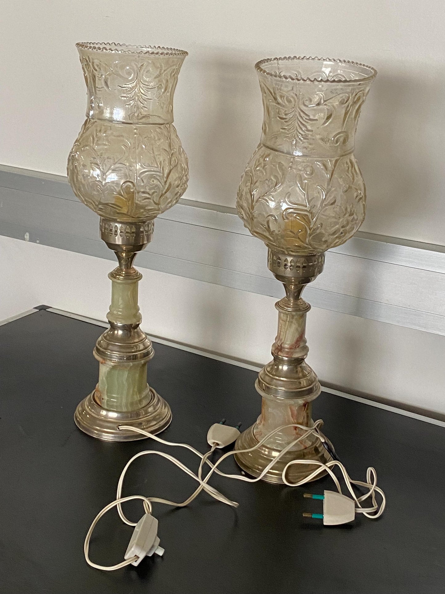 Coppia lampade da comodino vintage anni 50/60 in marmo e argento 800 con coppe in vetro eleganza rétro funzionanti