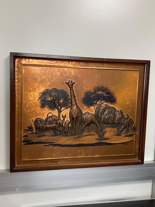 Grande Quadro in Rame in Rilievo - Animali della Savana Africana 64x52cm, Decorazione Artigianale Vintage