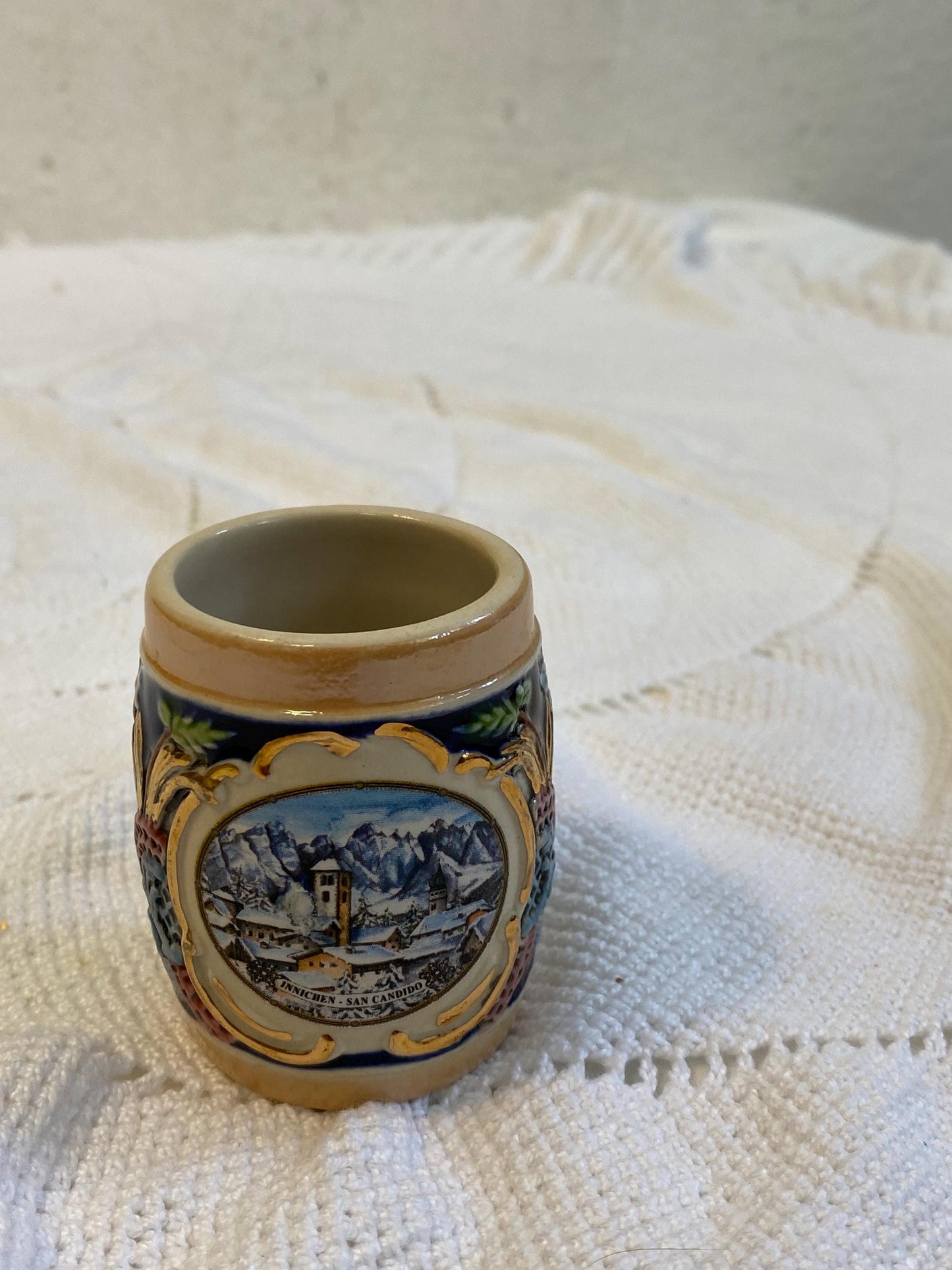 Mini boccale vintage San Candido dipinto a mano Franz ceramica smaltata 6,5 cm souvenir da collezione Alto Adige Dolomiti
