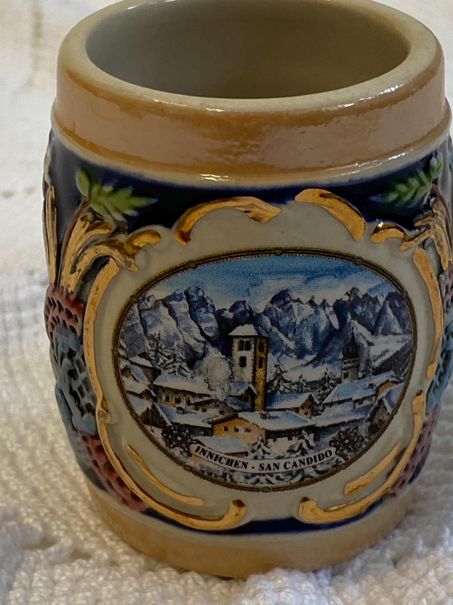 Mini boccale vintage San Candido dipinto a mano Franz ceramica smaltata 6,5 cm souvenir da collezione Alto Adige Dolomiti