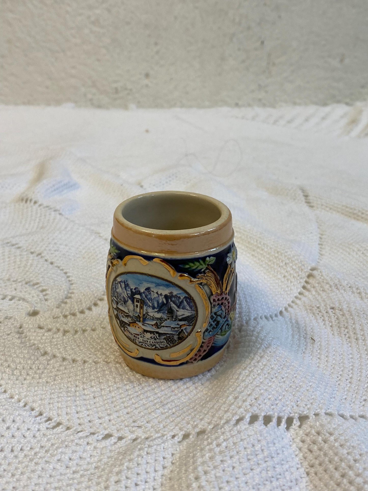 Mini boccale vintage San Candido dipinto a mano Franz ceramica smaltata 6,5 cm souvenir da collezione Alto Adige Dolomiti