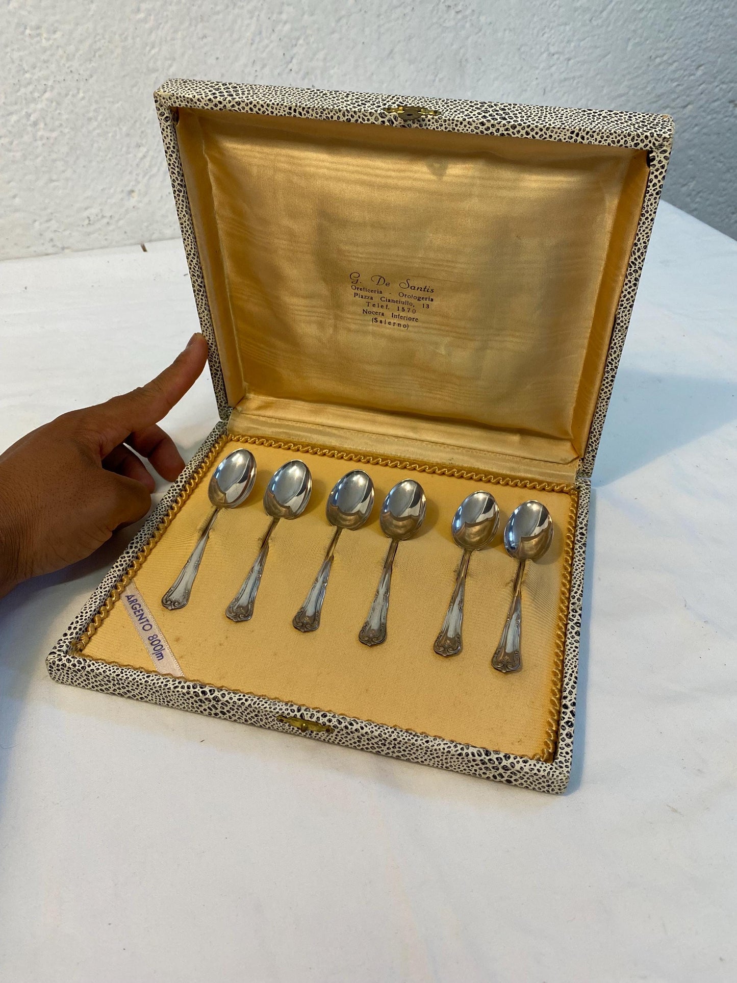Set 6 cucchiaini vintage argento 800 in scatola originale 10 cm posate da collezione eleganti rétro, regalo apprezzato per amanti del caffe
