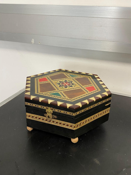 Vintage Inlaid Wooden Music Box with Mosaic Decor - A Functional Work of Art