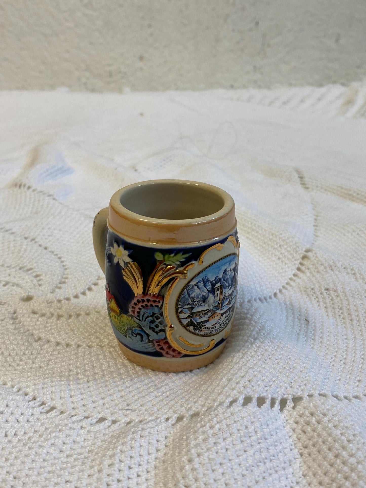Mini boccale vintage San Candido dipinto a mano Franz ceramica smaltata 6,5 cm souvenir da collezione Alto Adige Dolomiti