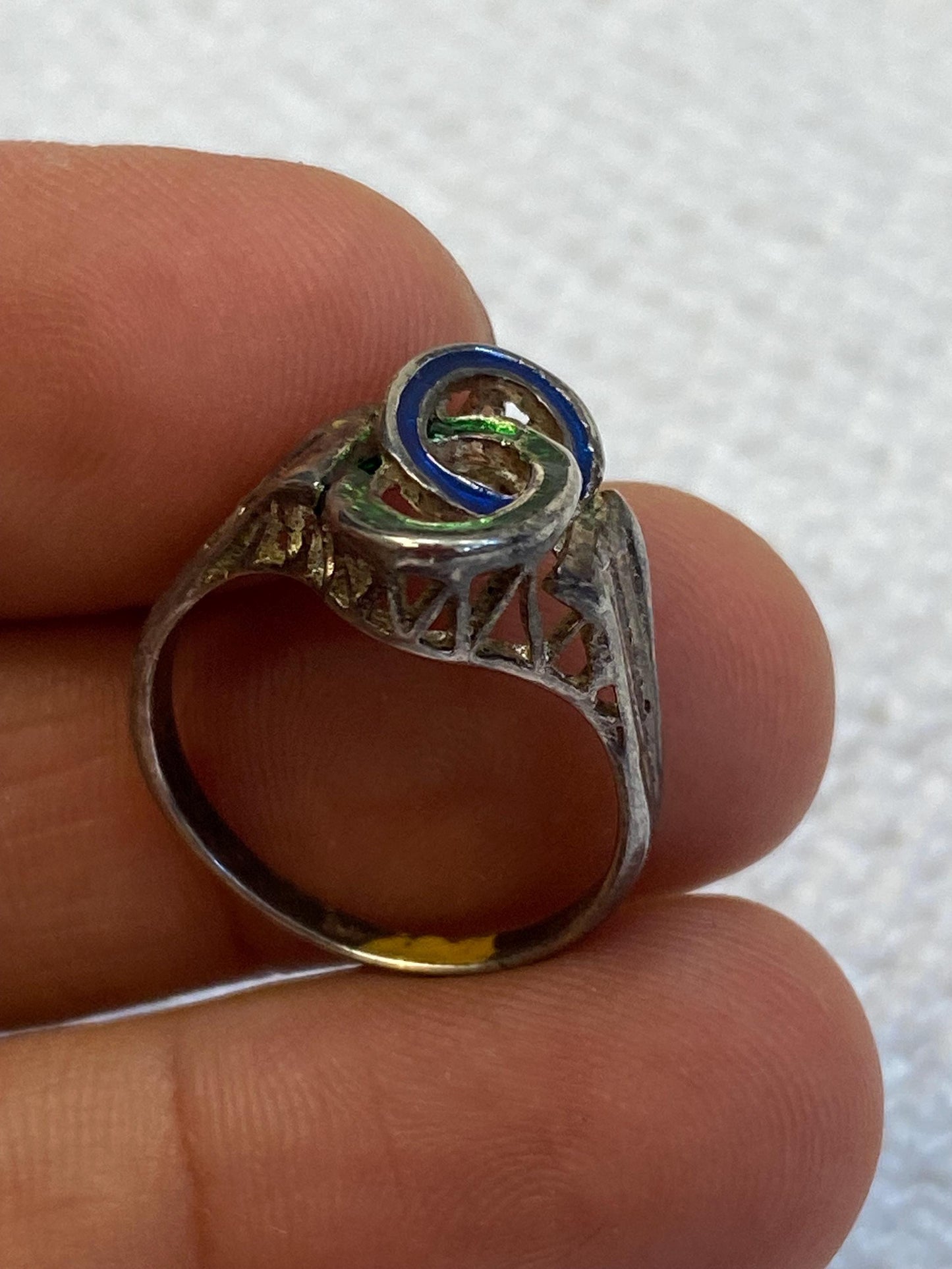 Anello vintage argento 800 smalto blu-verde intreccio Art Deco misura IT 15 / EU 55 / US 7.25, gioiello raro da collezione, regalo esclusivo