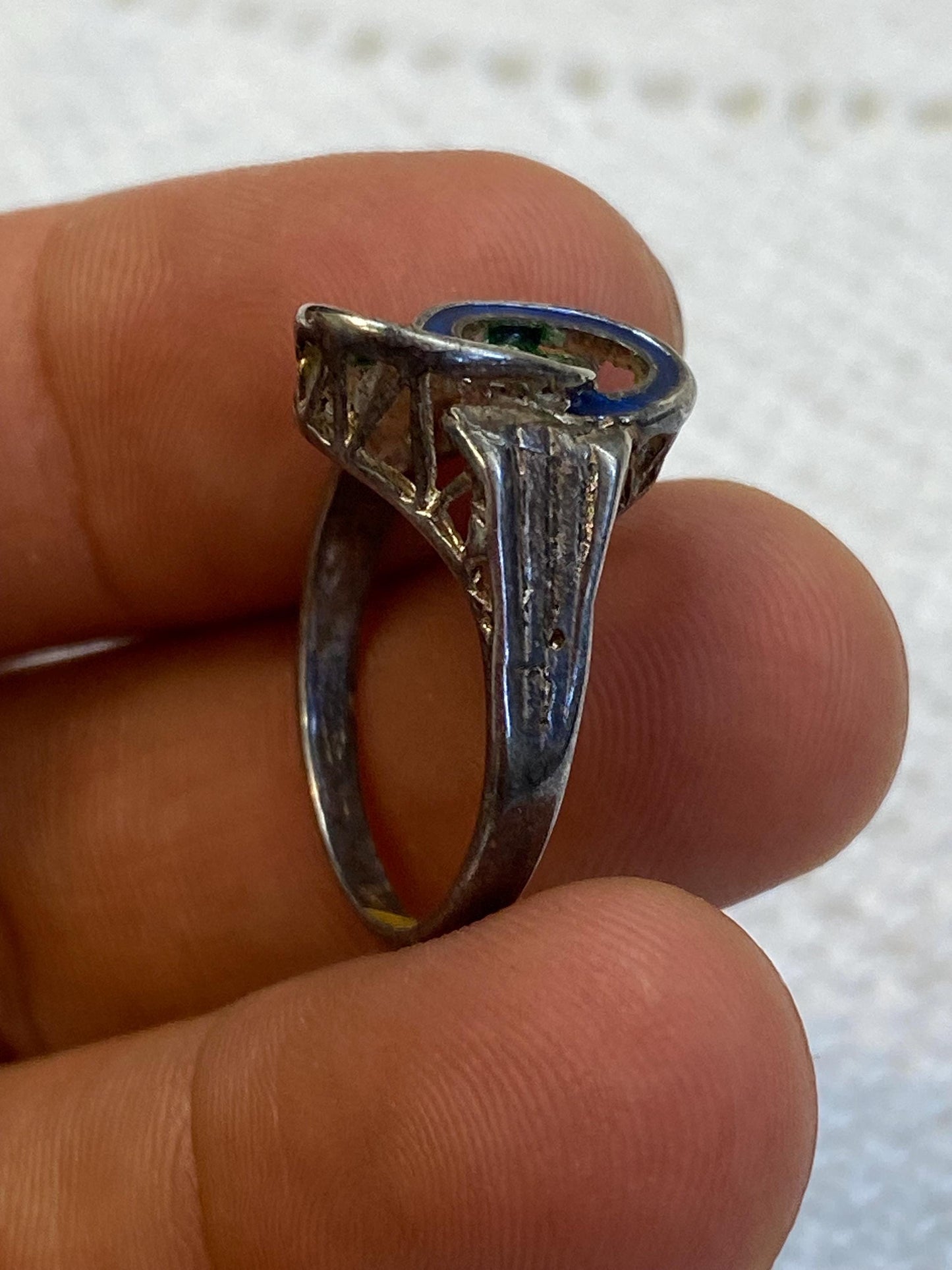 Anello vintage argento 800 smalto blu-verde intreccio Art Deco misura IT 15 / EU 55 / US 7.25, gioiello raro da collezione, regalo esclusivo