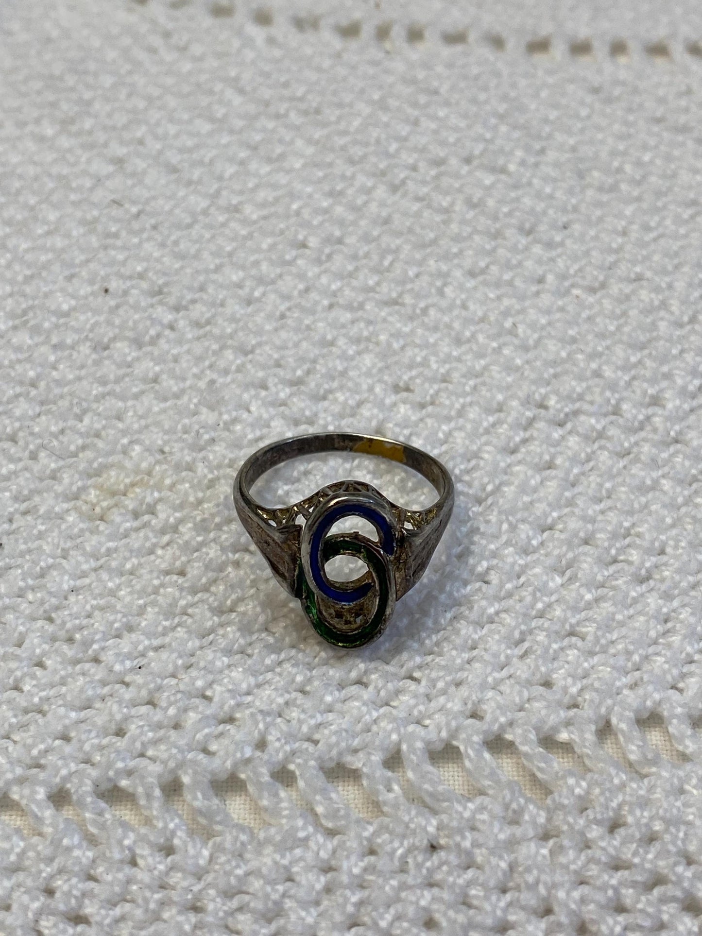 Anello vintage argento 800 smalto blu-verde intreccio Art Deco misura IT 15 / EU 55 / US 7.25, gioiello raro da collezione, regalo esclusivo
