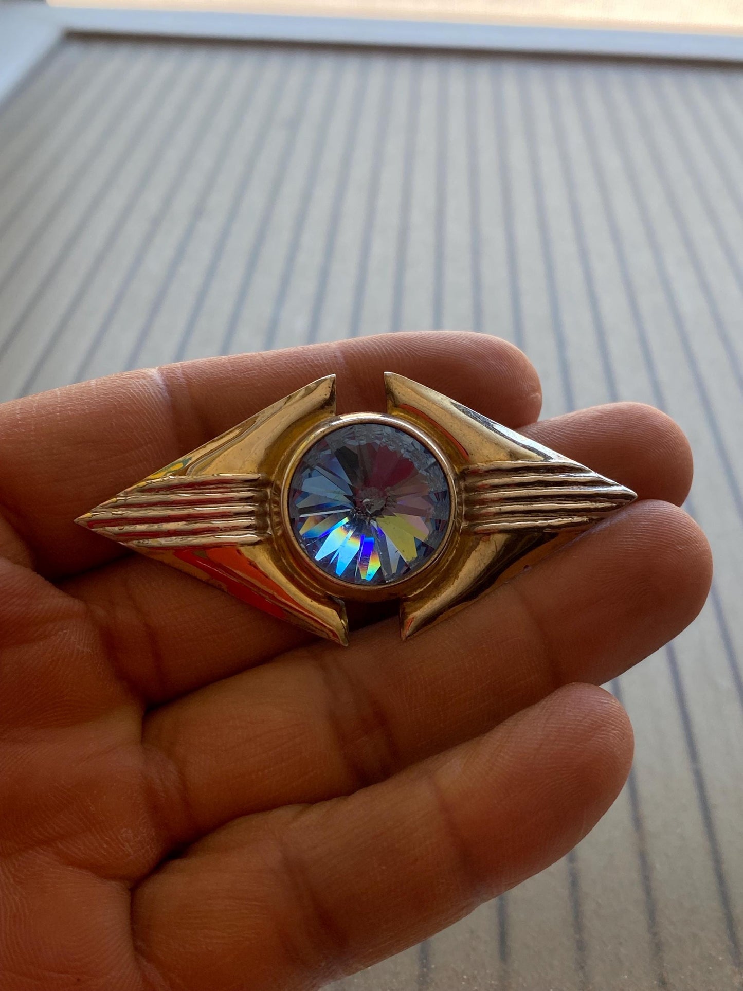 Spilla modernista vintage Fitali argento 925 con maxi cristallo blu 6,5 cm | Italian mid-century statement brooch raro e collezionabile