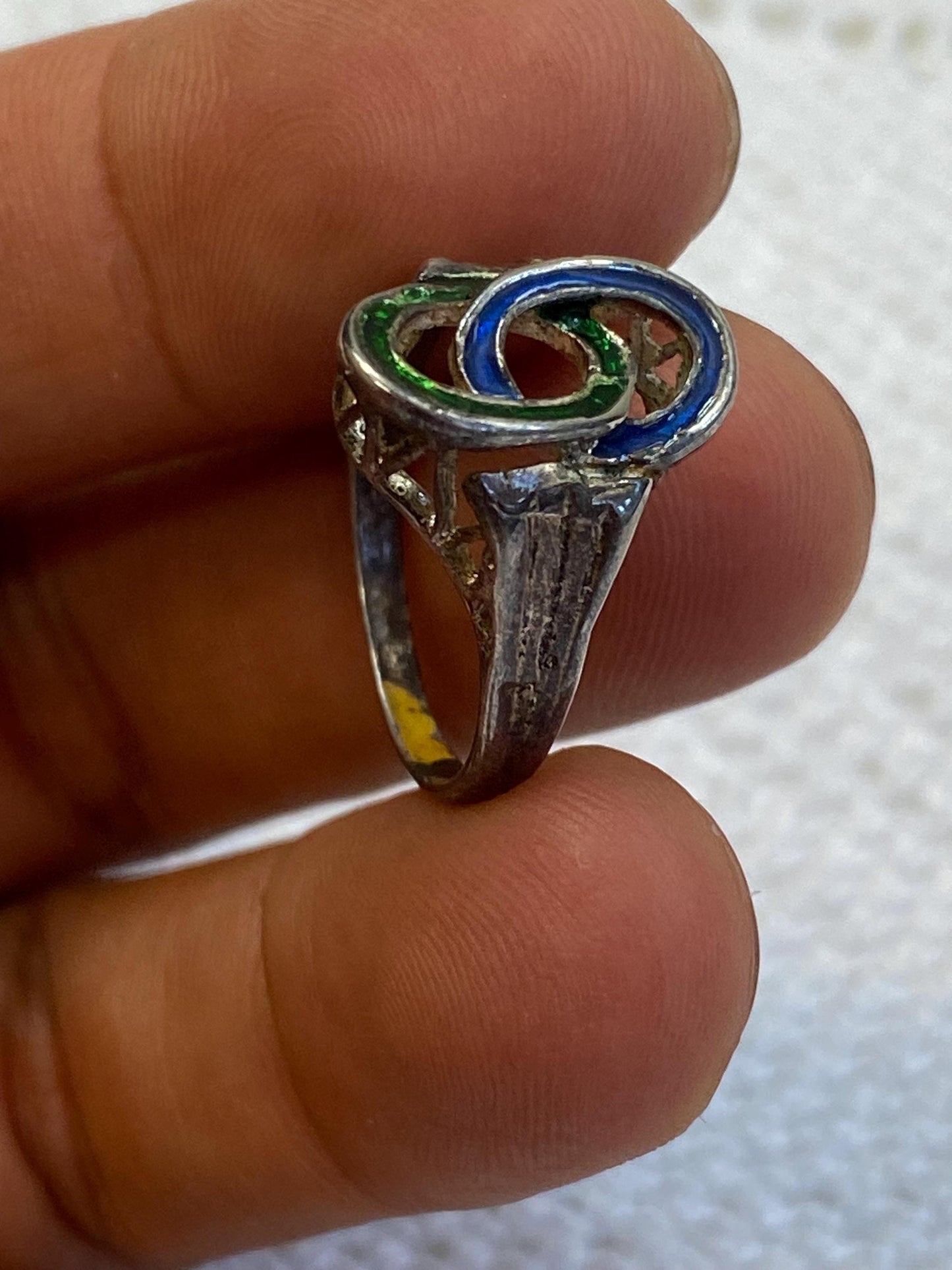 Anello vintage argento 800 smalto blu-verde intreccio Art Deco misura IT 15 / EU 55 / US 7.25, gioiello raro da collezione, regalo esclusivo