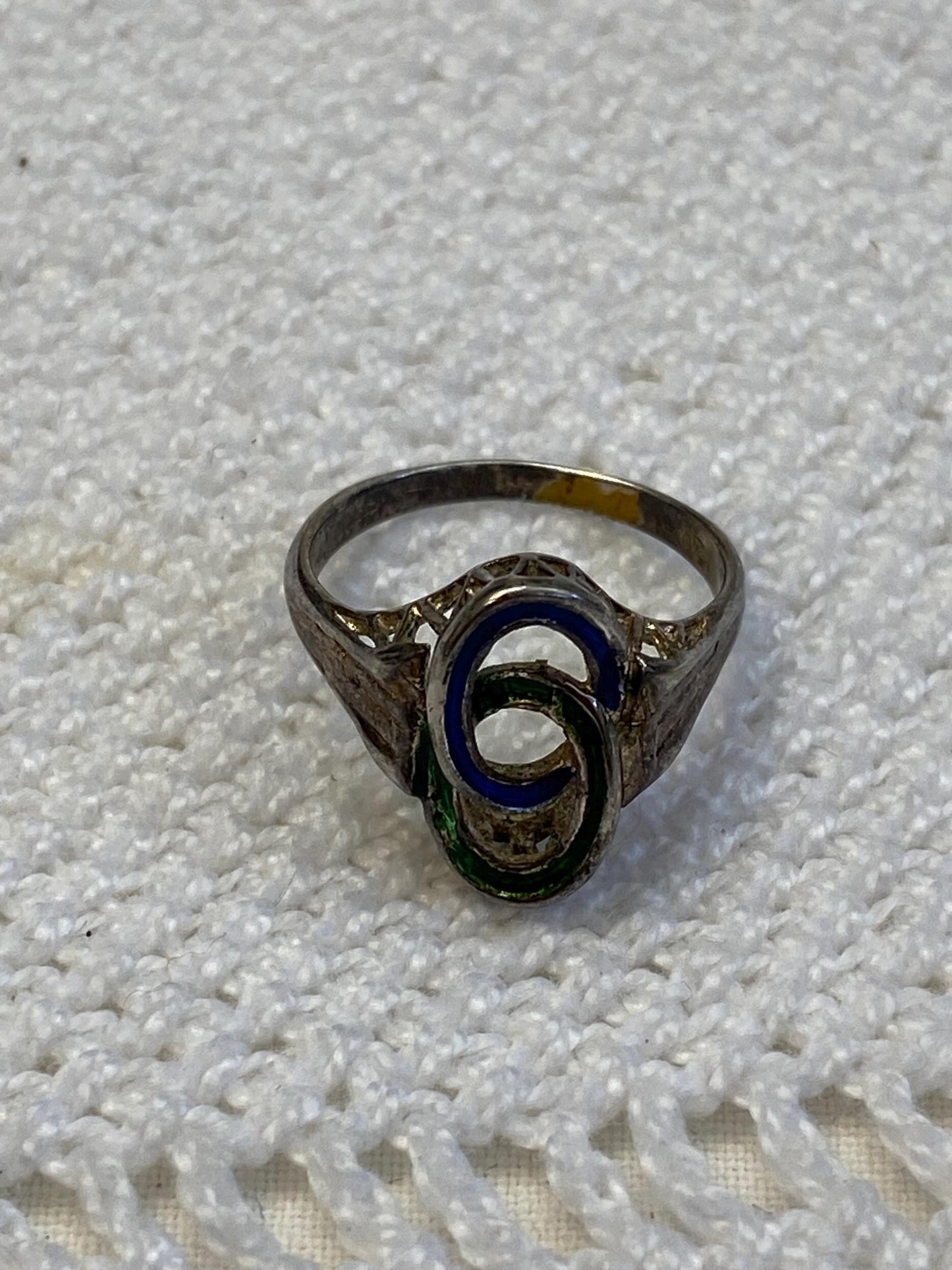 Anello vintage argento 800 smalto blu-verde intreccio Art Deco misura IT 15 / EU 55 / US 7.25, gioiello raro da collezione, regalo esclusivo
