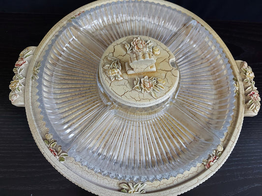 vassoio da portata in cristallo e legno vintage anni 70