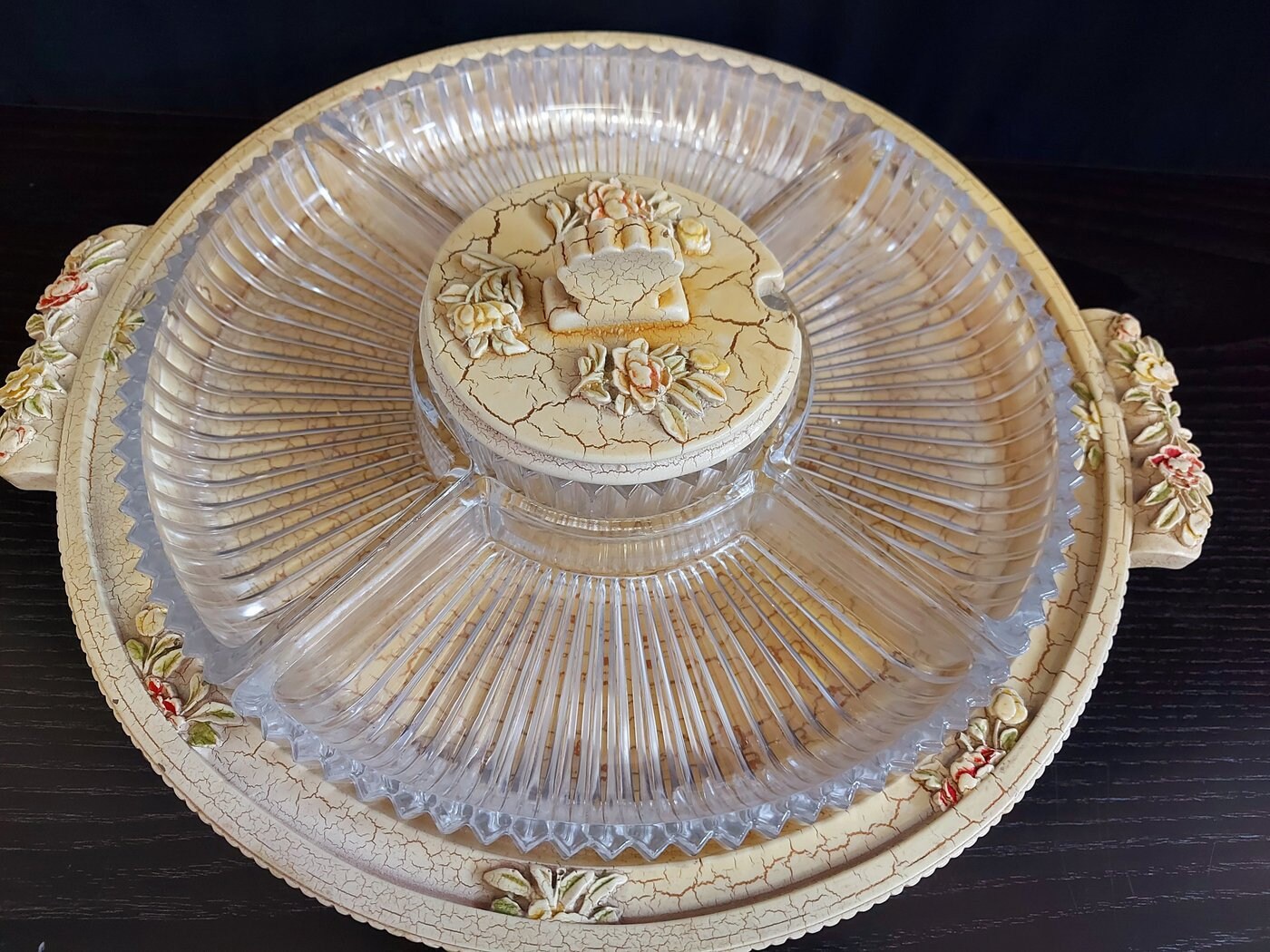 vassoio da portata in cristallo e legno vintage anni 70
