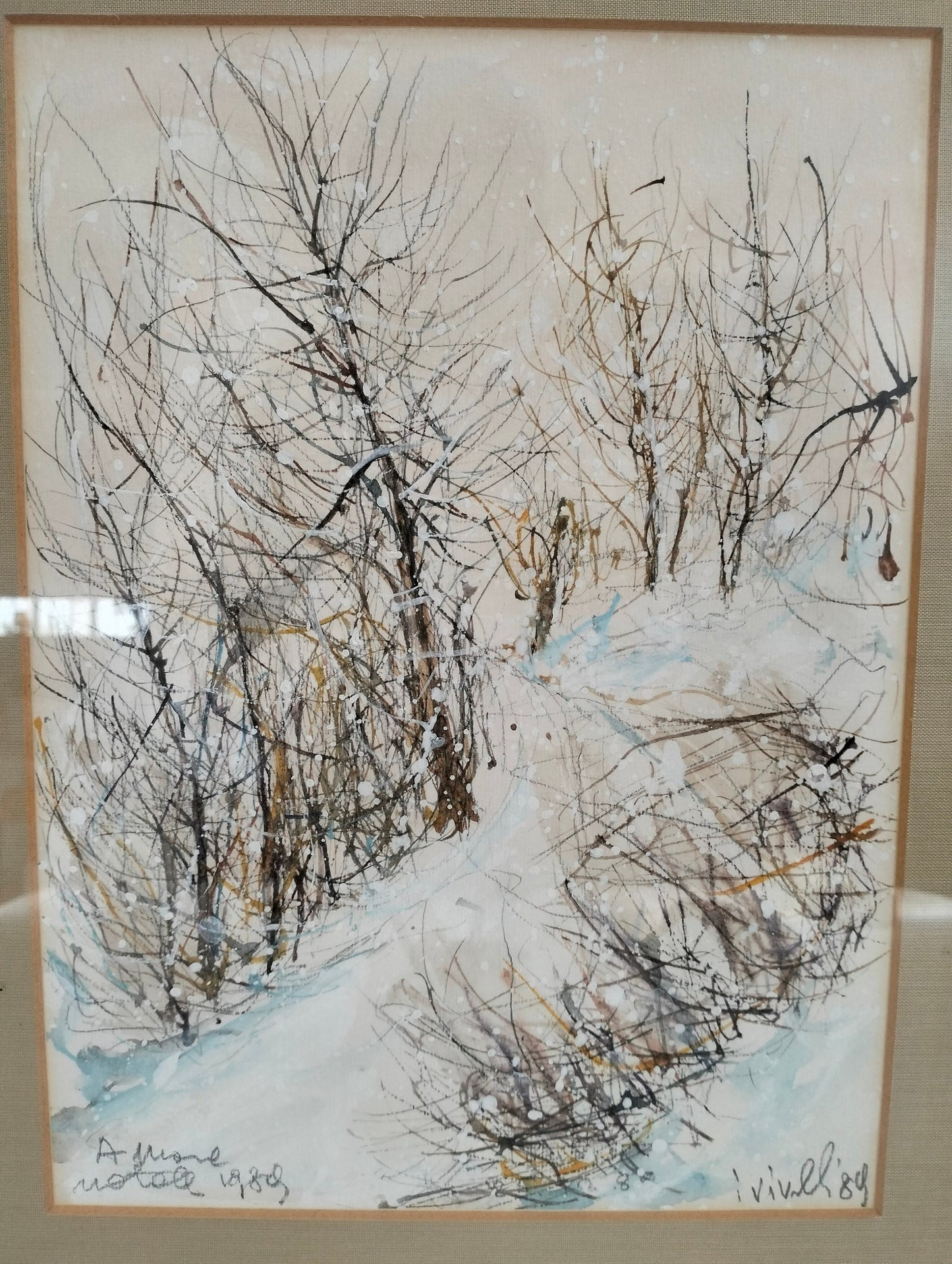 Quadro acquerello sentiero nevoso