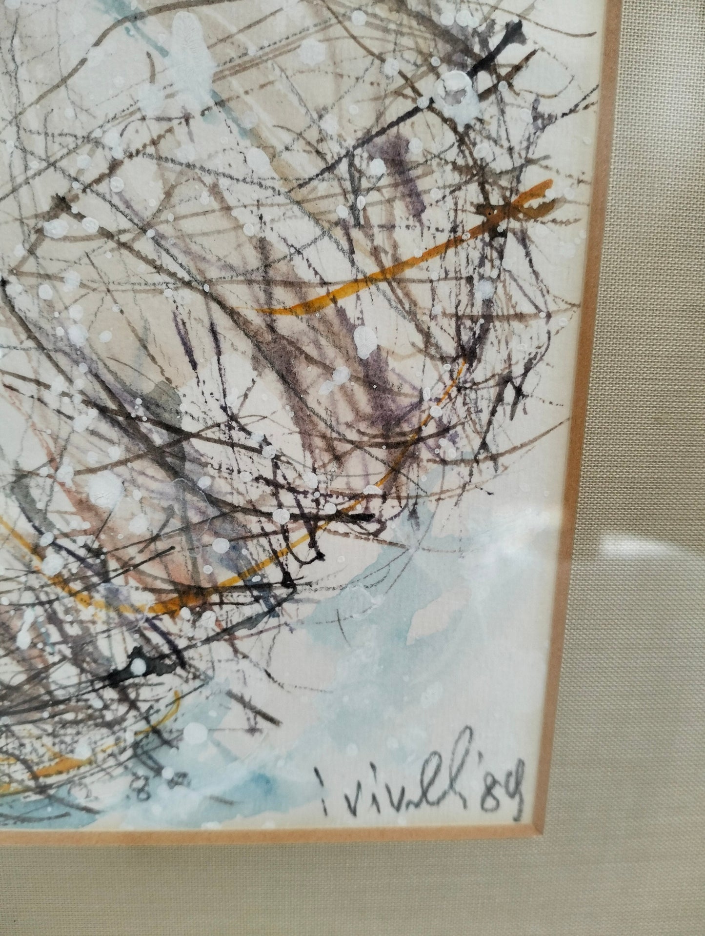 Quadro acquerello sentiero nevoso