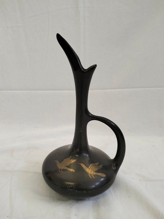 Brocca in Terracotta Laccata Nera con Uccelli Dorati - Arte Gubbio