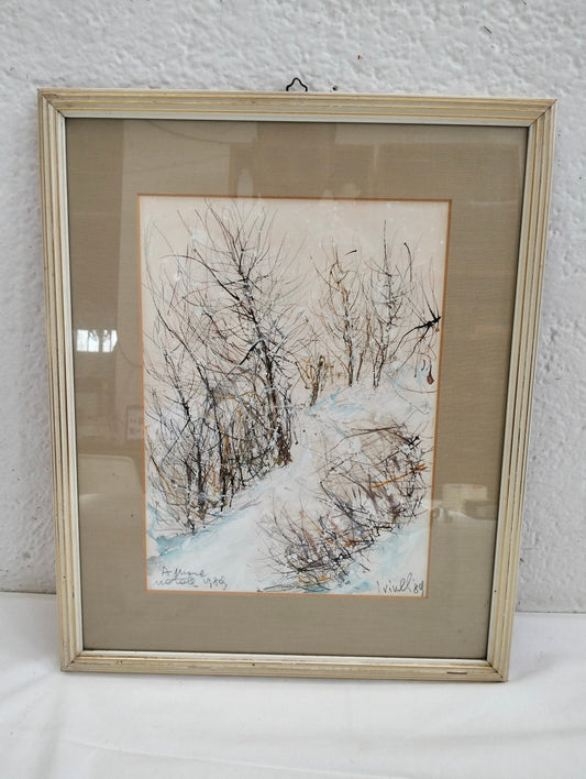 Quadro acquerello sentiero nevoso