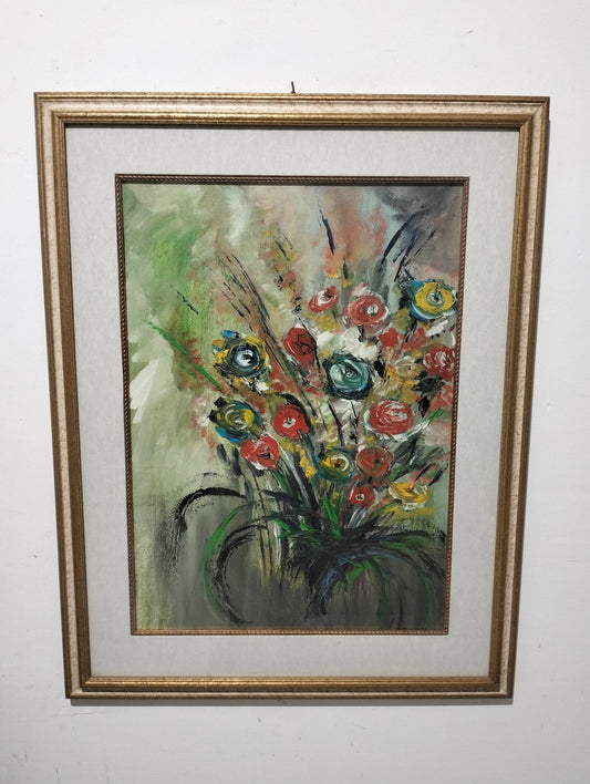 Quadro dipinto a mano vaso con fiori colorati