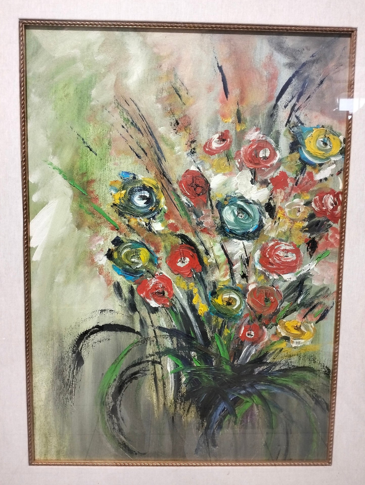 Quadro dipinto a mano vaso con fiori colorati