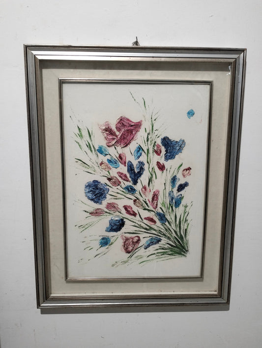Quadro dipinto a mano con cornice dorata mazzo di fiori colorati