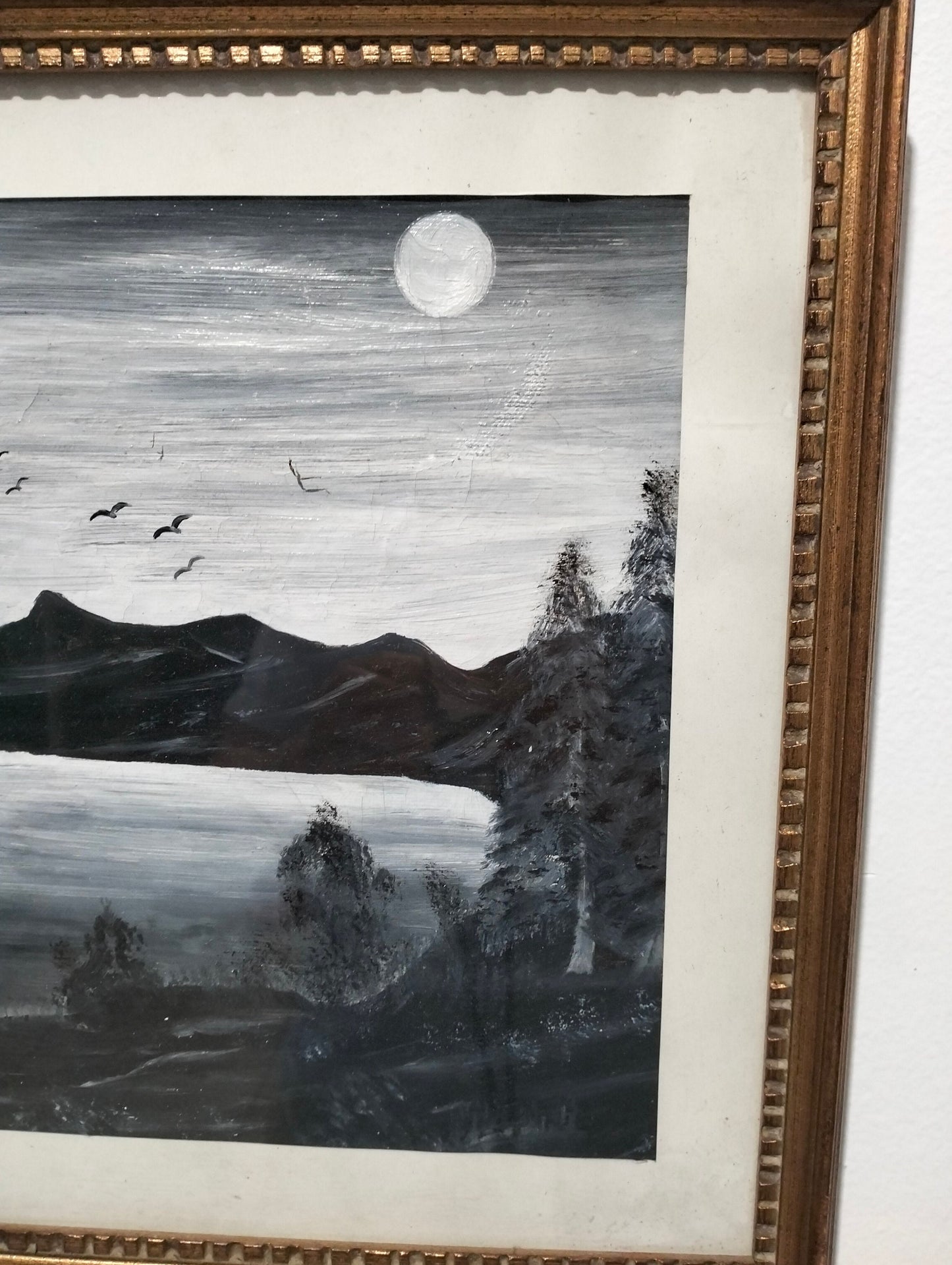 Quadro a olio montagne e colline con lago dipinti di nero