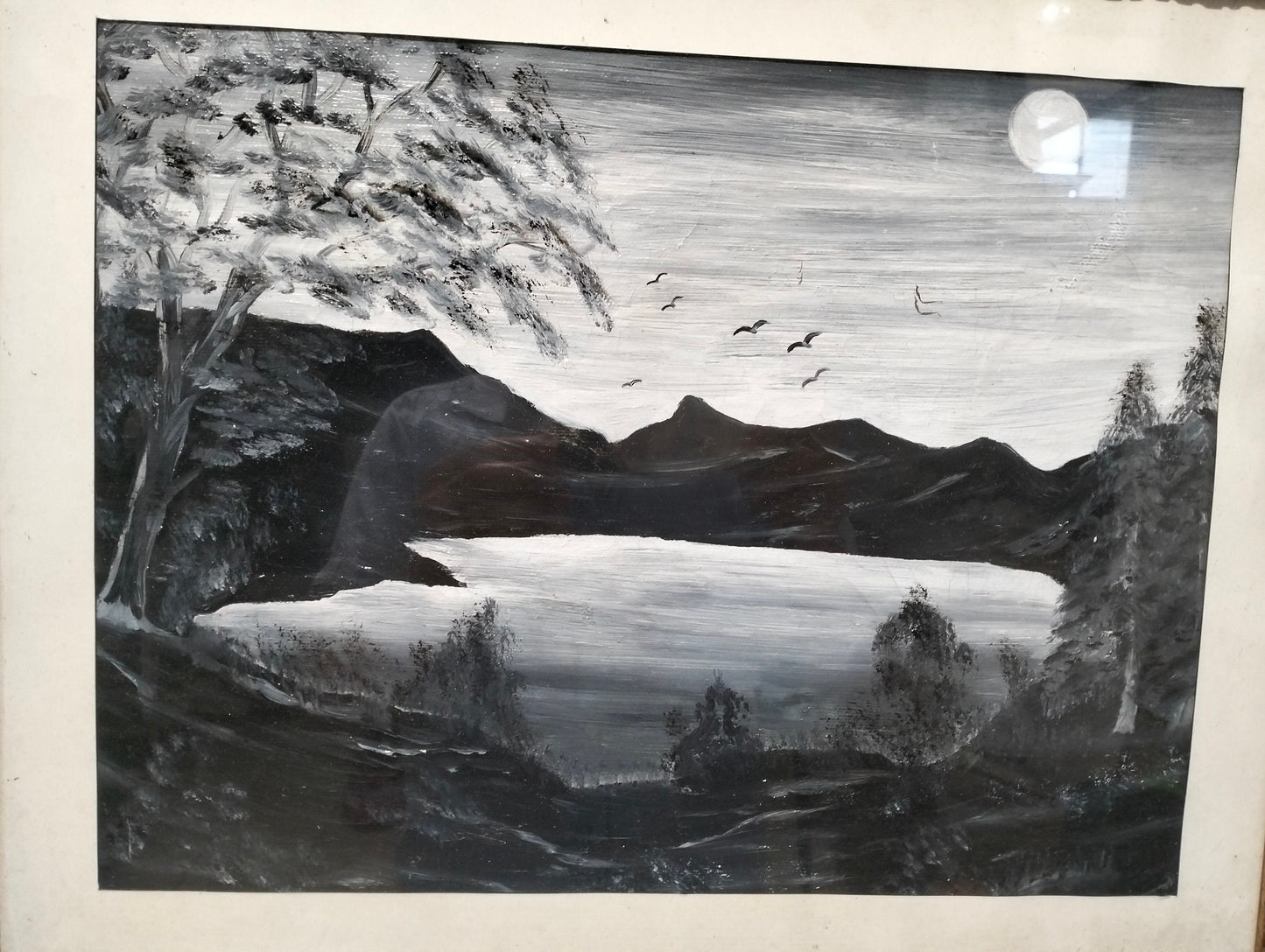 Quadro a olio montagne e colline con lago dipinti di nero