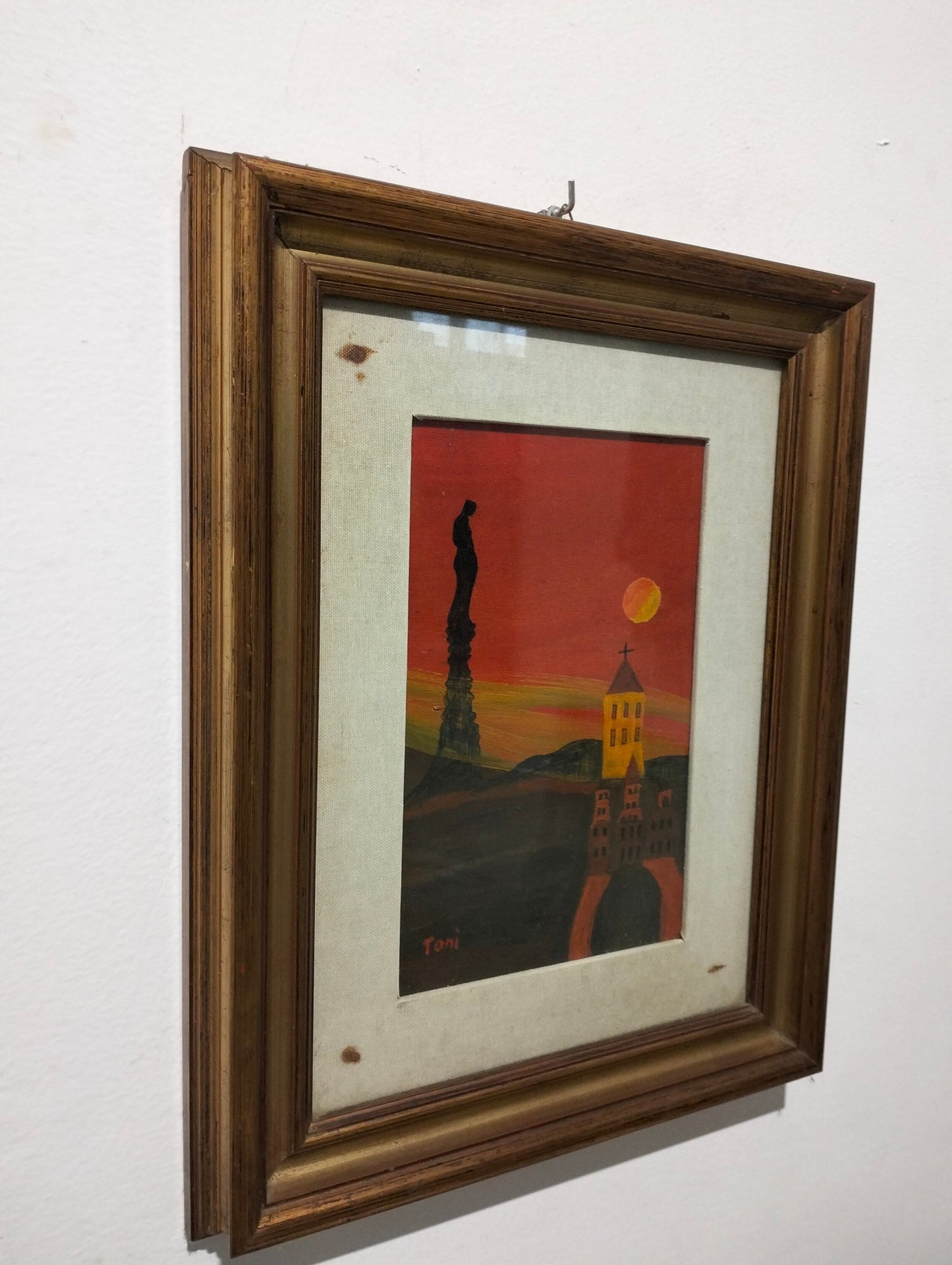 Quadro a olio vista paese con la chiesa e statua al calcolare del sole