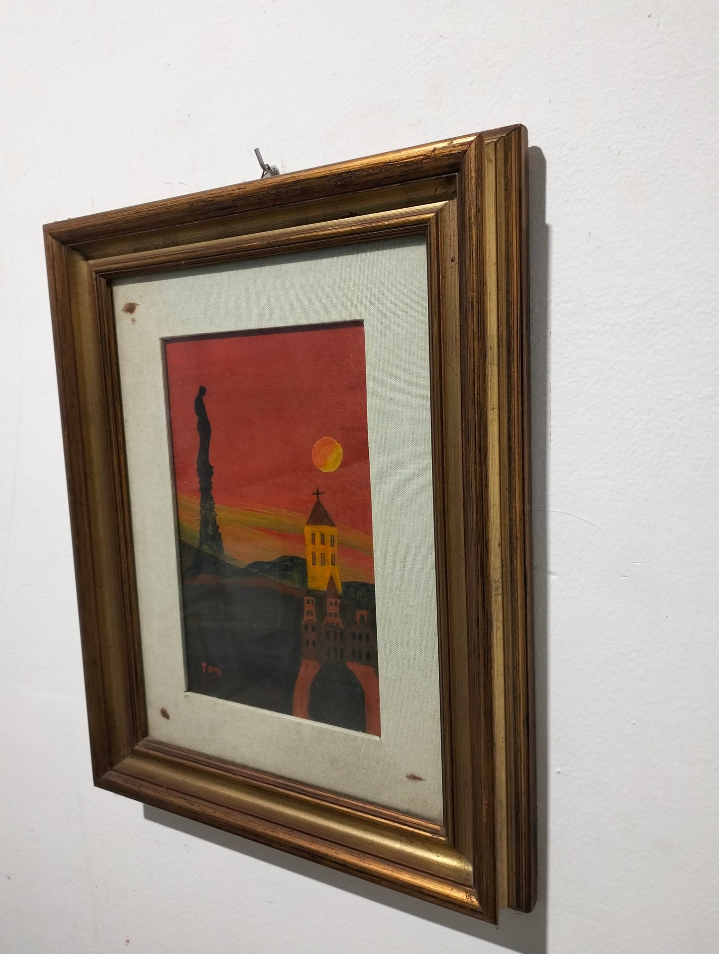 Quadro a olio vista paese con la chiesa e statua al calcolare del sole