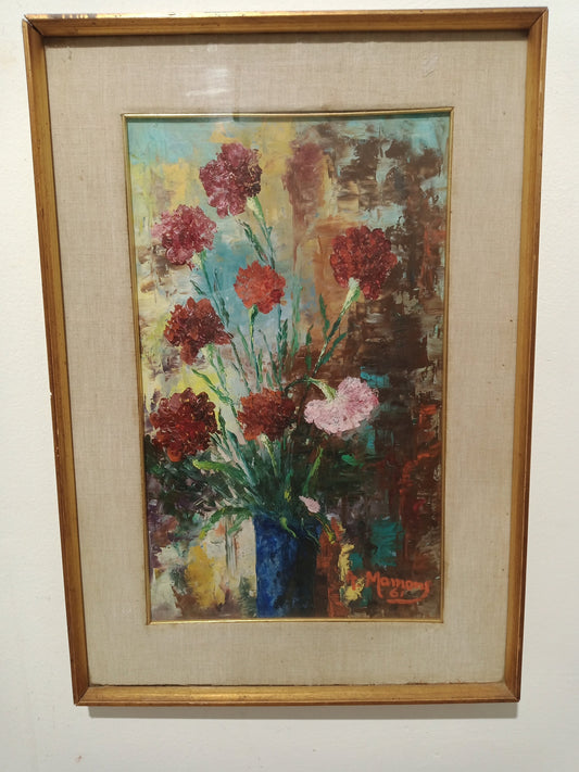 Quadro Dipinto su Pannello - Vaso Blu con Fiori Colorati - Dimensioni 29 x 47 cm