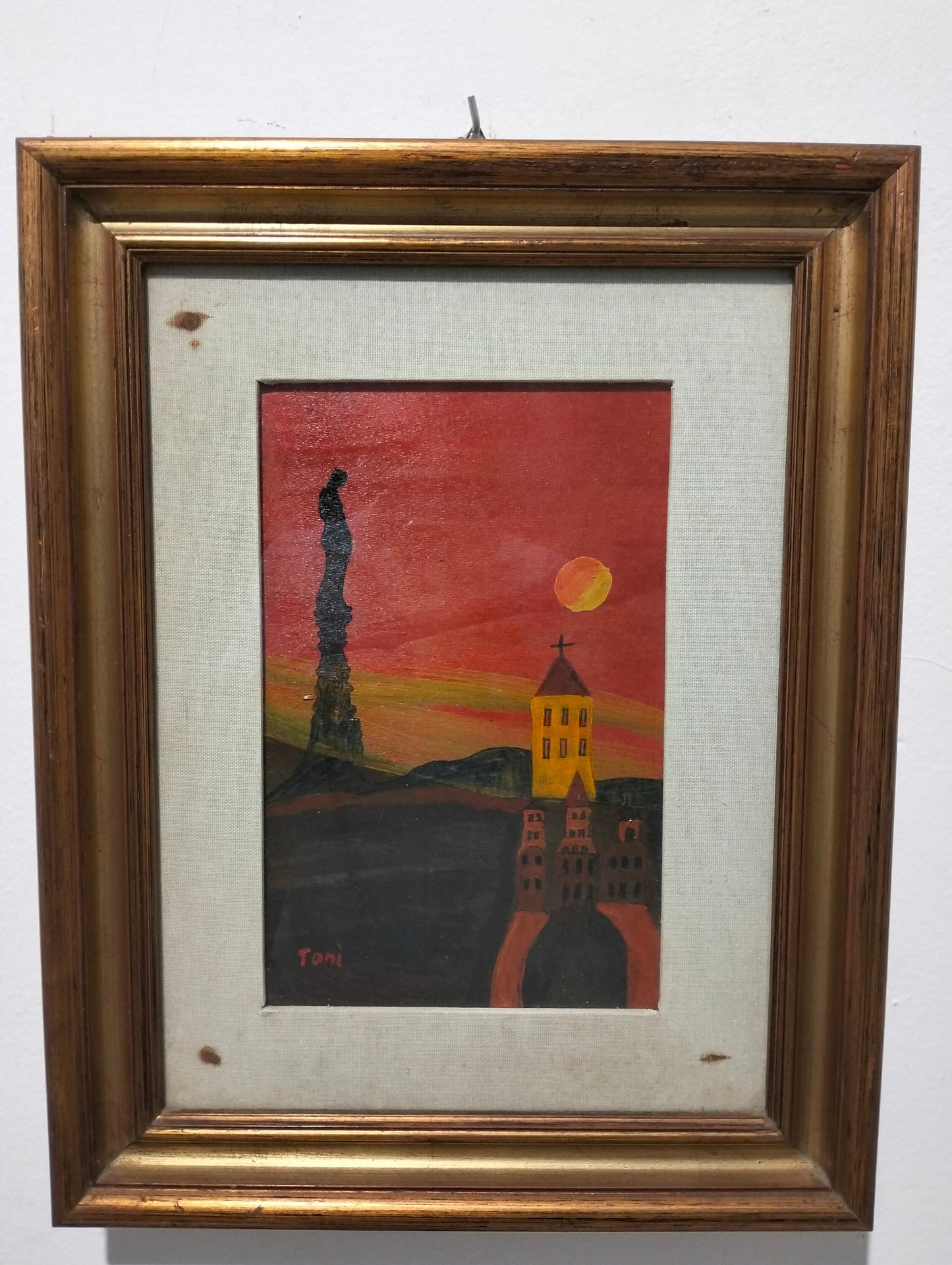 Quadro a olio vista paese con la chiesa e statua al calcolare del sole