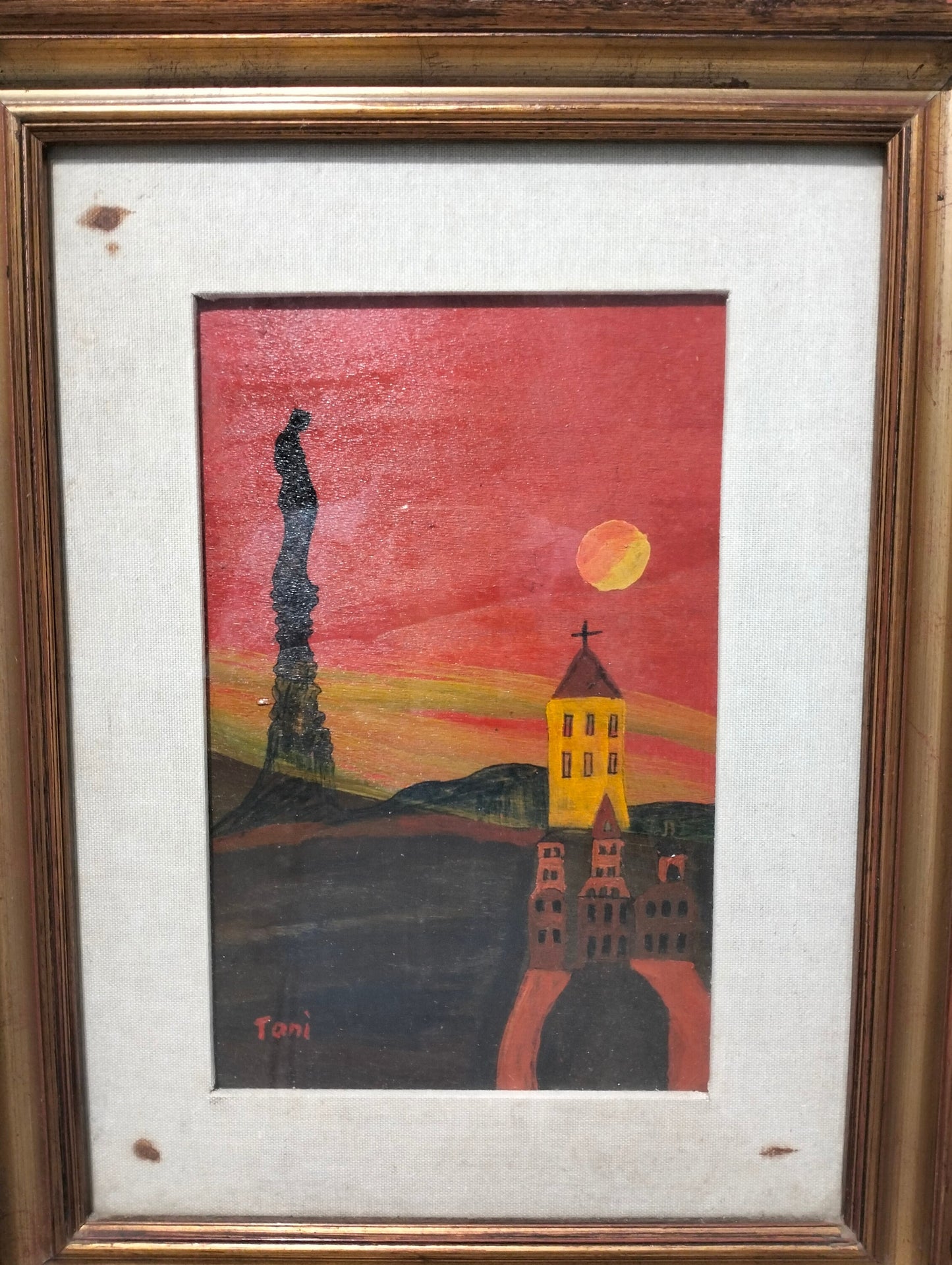 Quadro a olio vista paese con la chiesa e statua al calcolare del sole