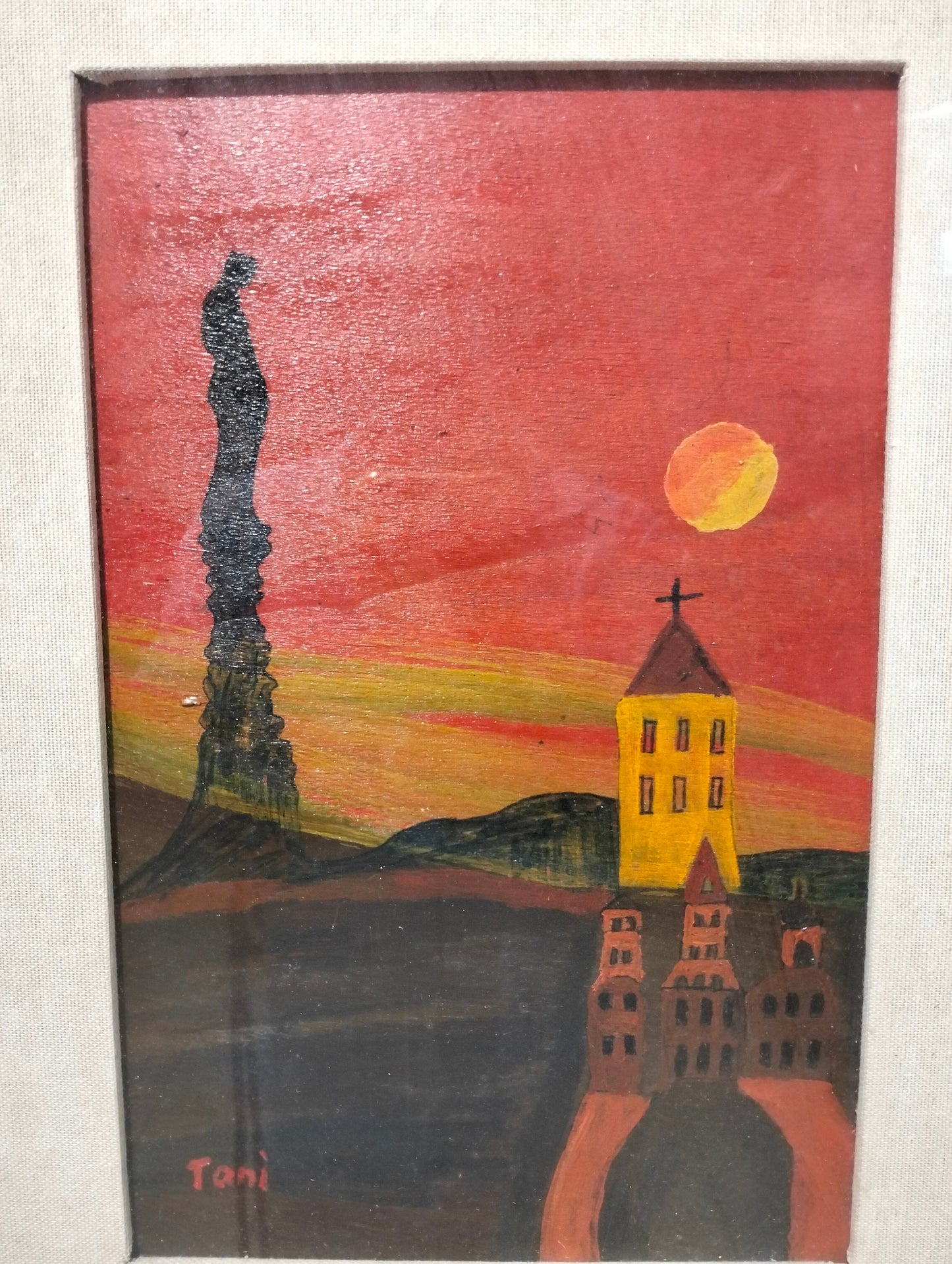 Quadro a olio vista paese con la chiesa e statua al calcolare del sole