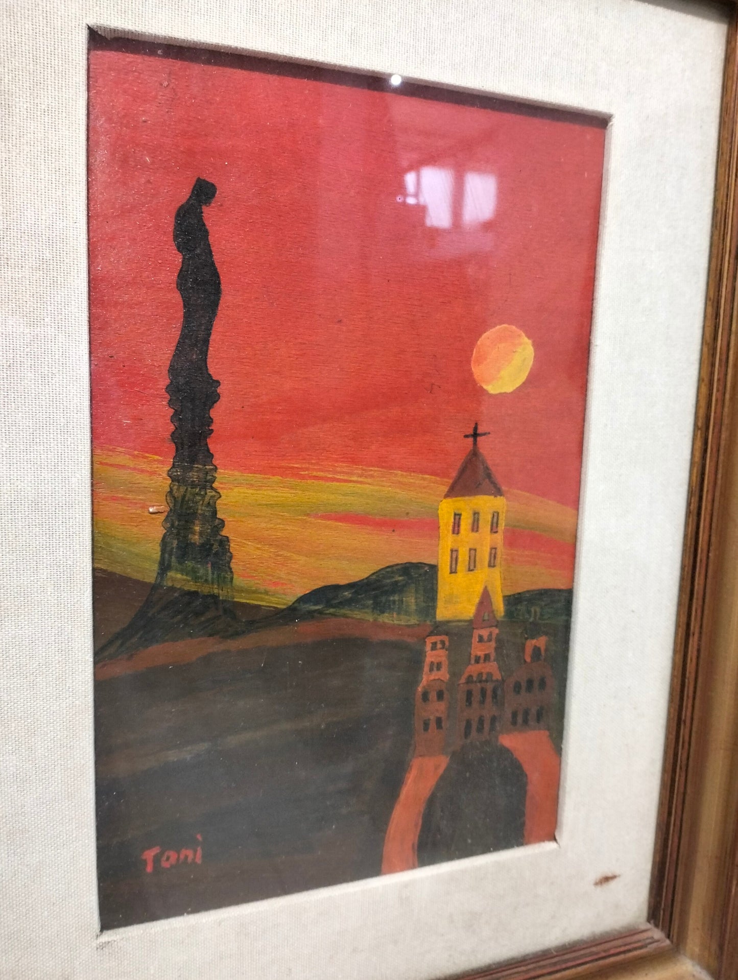 Quadro a olio vista paese con la chiesa e statua al calcolare del sole