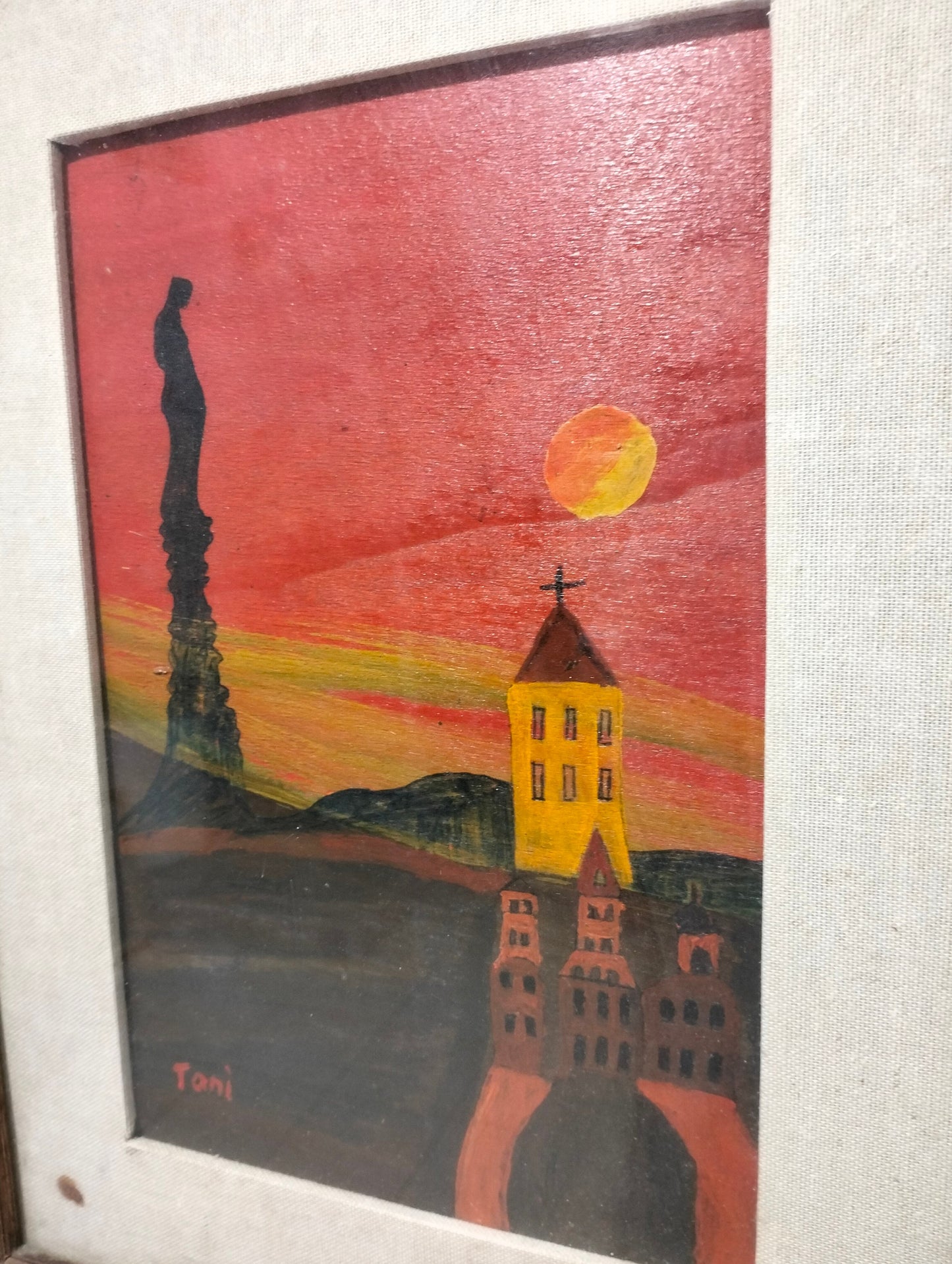 Quadro a olio vista paese con la chiesa e statua al calcolare del sole