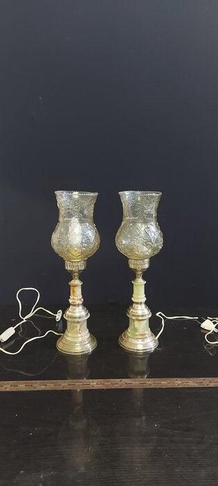 Coppia lampade da comodino vintage anni 50/60 in marmo e argento 800 con coppe in vetro  eleganza rétro funzionanti