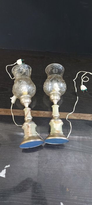 Coppia lampade da comodino vintage anni 50/60 in marmo e argento 800 con coppe in vetro  eleganza rétro funzionanti
