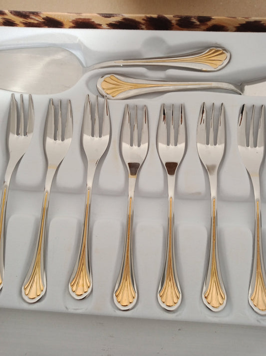 Elegante Servizio Posate per Dolce in acciaio e oro 24 carati