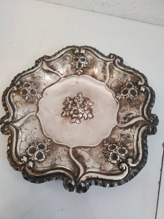 Centro Tavola in Argento Placcato Vintage con Incisioni Floreali
