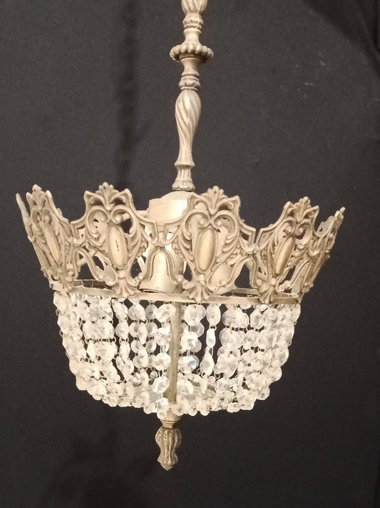 Lampadario francese a tenda e borsa in ottone/bronzo con cristalli - Un vero colpo d'occhio!