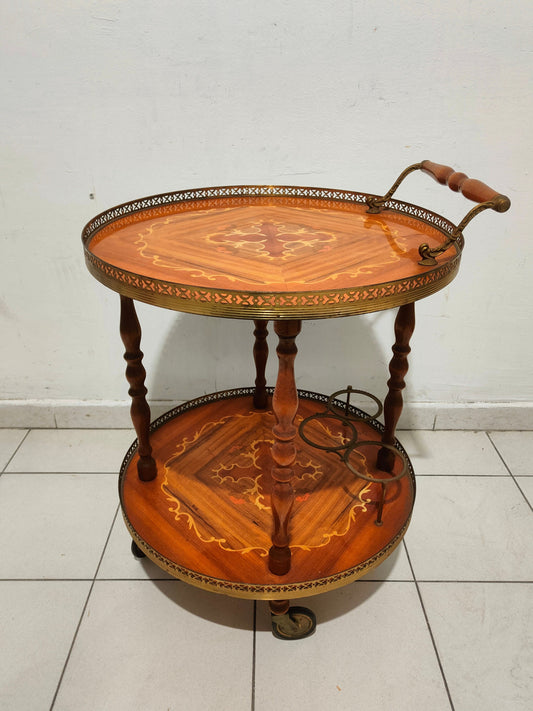 Carrello Bar Tondo Cocktail Tea Trolley Italian Hollywood Regency Intarsiato Vintage Ottone Tavolino 1950 Tavolino 3- Portabottiglie