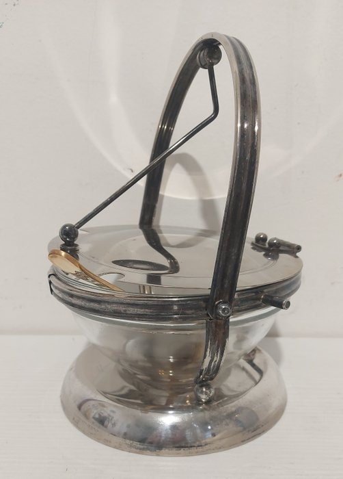 Porta Zucchero Vintage da Bar - Zuccheriera Anni 80/90 Argento Placcato - Con Ciotola in Vetro e Cucchiaio Dorato