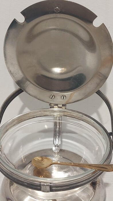 Porta Zucchero Vintage da Bar - Zuccheriera Anni 80/90 Argento Placcato - Con Ciotola in Vetro e Cucchiaio Dorato