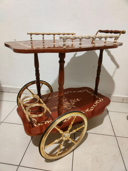 Carrello di lusso Bar Cocktail Tea Trolley Intarsiato Vintage Ottone Hollywood Regency 1950