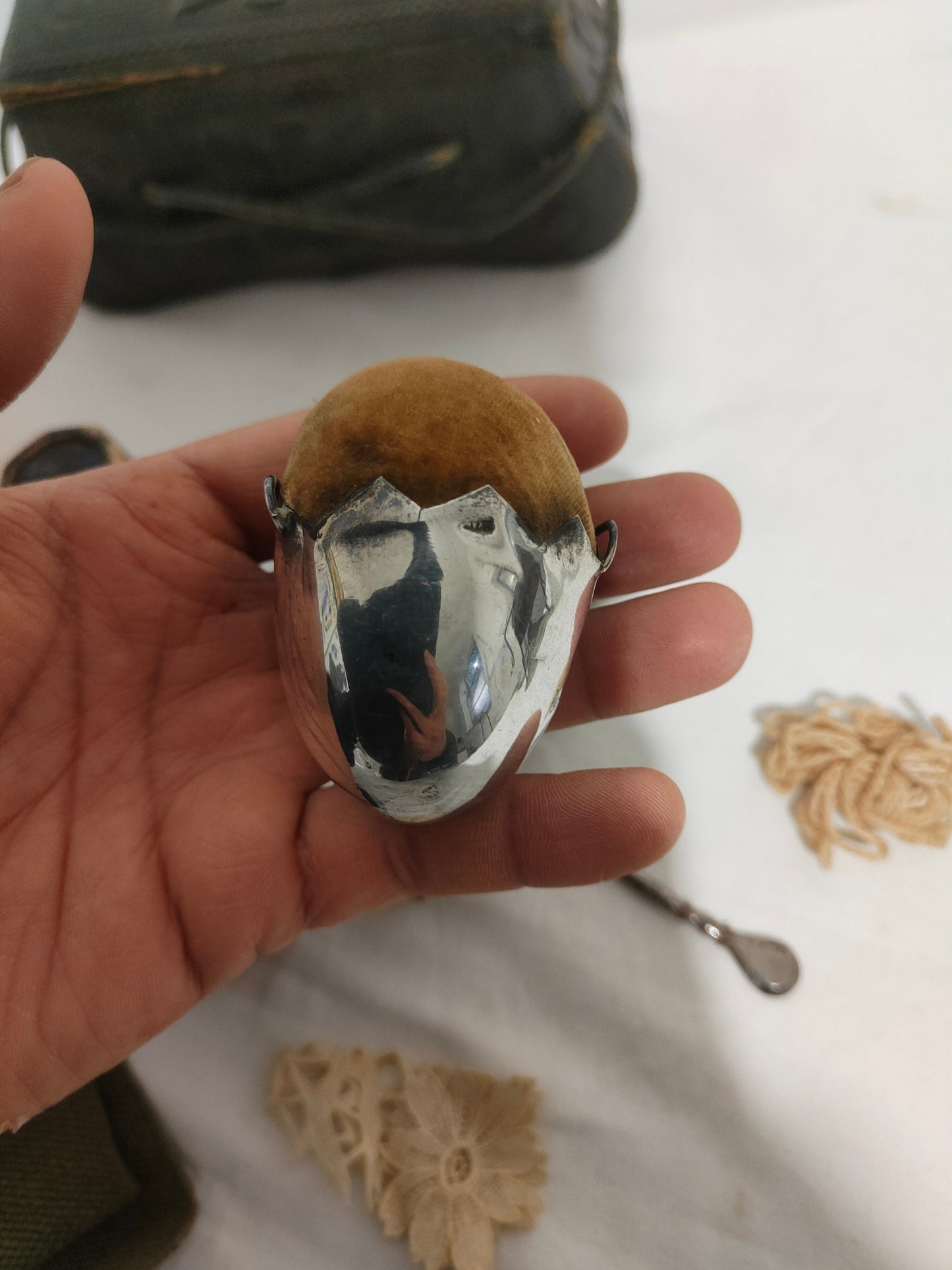 Scatola da Cucito Vintage in Pelle e Argento 800