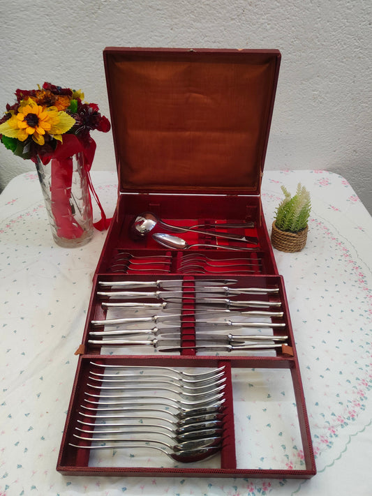 Servizio di posate vintage in scatola di legno 39pz Acciaio Inossidabile Made in Italy