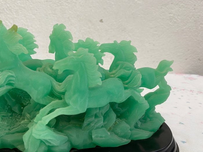 Scultura in vetro con mandria di cavalli - Verde smeraldo - Arredo vintage Regalo esclusivo - Regali personalizzati